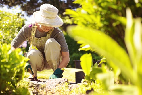 Gardener mowing a terraced front lawn in Maida Vale
